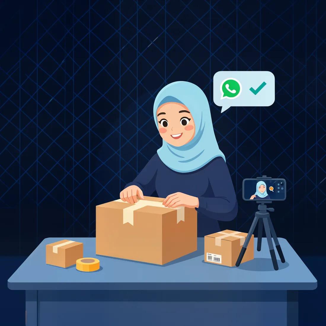 Seller packing an order while a phone on a tripod records — proof captured automatically